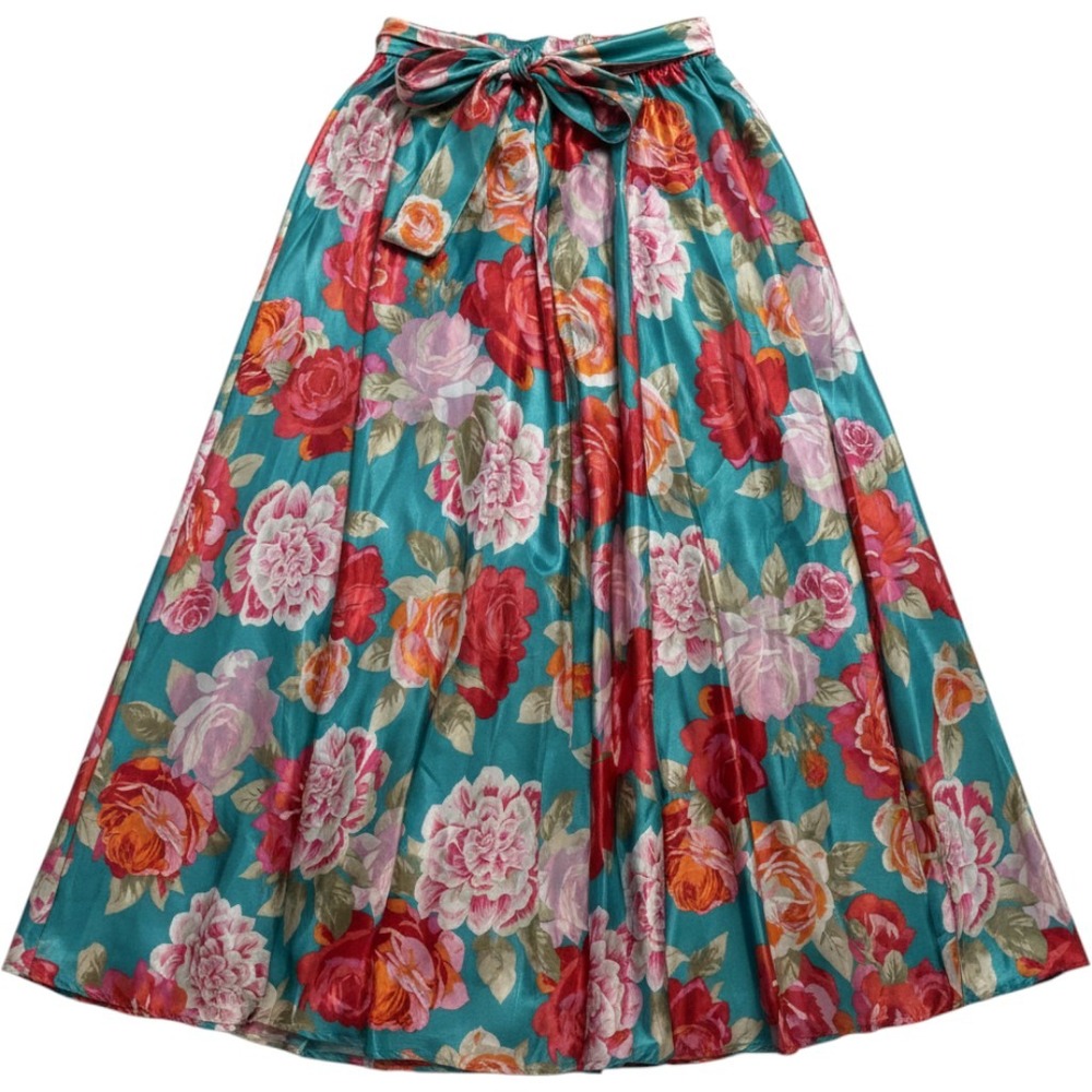 Her Destiny Floral Satin Maxi Skirt Teal Red Pink Bow Waist Small